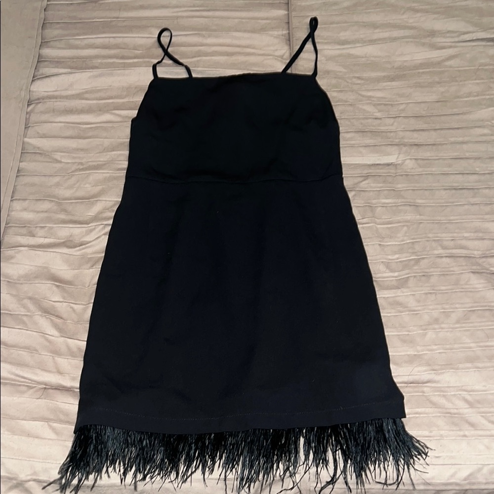 Elegant Black Feather Hem Dress